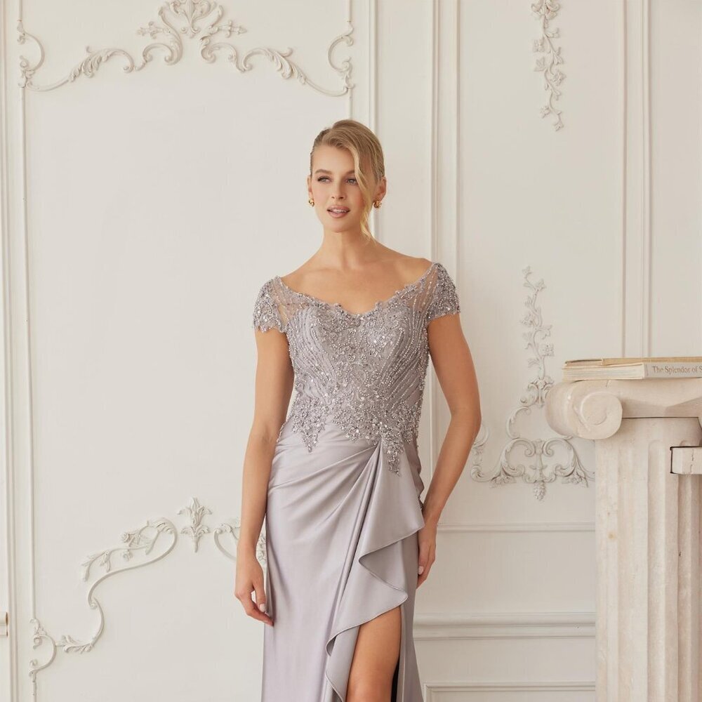 New Gray Mother Of Bride Beads Embellished Elegant Gown w/ Waist Drape NX MD155